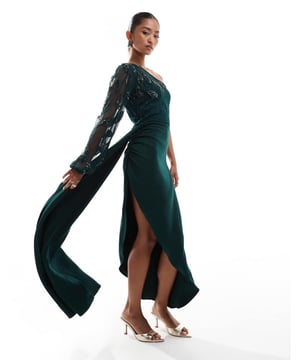 Dresses by Virgos Lounge Spotlight-stealing style Bead and sequin embellishment One-shoulder style Mesh sleeve Drape detail Regular fitSold By: Asos