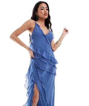 Dresses by Abercrombie & Fitch Occasions made easy V-neck Adjustable straps Ruffle trims Thigh-high split Regular fitSold By: Asos