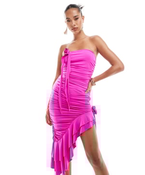 Dresses by AX Paris Dancefloor dress code Ruched design Bandeau style Corsage detail Asymmetrical hem Regular fitSold By: Asos