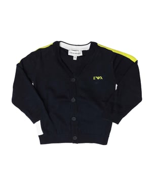 Infants Emporio Armani Cardigan in blue.- V-neck.- Front button closure.- Ribbed cuffs and hem.- Logo on the chest.- 100% Cotton.- Ref: 3HHM5240YZ0933