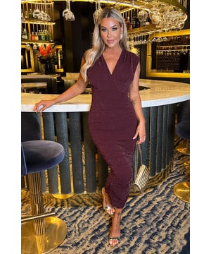 Get ready to sparkle this season with our Plum Sparkle Wrap Top Ruched Skirt Midi Dress. Featuring a lined bodycon silhouette, a wrap top with a V shaped neckline, pleated shoulder detailing, a midi length ruched skirt and a zip up back. Style with a pair of metallic heels and a matching clutch to complete the festive look! Model wears: UK 8/ EU 36/ US 4 Model's height: 175cm/ 5'9" Approx length from centre back to hem: 116 cm Fabric composition: 100% Polyester Colour: PLUM
