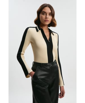 Experience elevation in your every day wardrobe with our top, featuring a figure hugging silhouette that flatters the curves, with a zip detail, and a collar accent to elevate the formality. Style it with jeans or tailored trousers and loafers for a casual approach, then strappy stilettos for an occasion look. Rib Knit Polo Zip Up Top High Quality Knit Fabric Flattering Bodycon Silhouette Zip Front Detailing Contrasting Stripe Detailing Formal Collar AccentDiscover this seasons knitwear or browse the full collection of women's tops now.