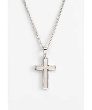 50+3 cm roestvrijstalen ketting met kruishanger met witte kristal. Gepersonaliseerd label met logo.