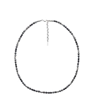 50+5 cm roestvrijstalen ketting met natuurlijke kralen van Afrikaanse dennensteen en roestvrijstalen stoppers. Gepersonaliseerd logolabel.