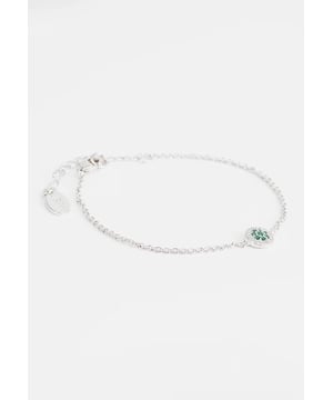 15+4 cm lange armband van gerhodineerd metaal met een centraal rond element met witte en donkergroene kristallen. Gepersonaliseerd logolabel.