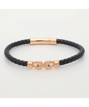 21,5 cm lange donkerblauwe armband van echt leer met roestvrijstalen roségouden gesp. Gesp gepersonaliseerd met logo.