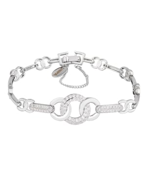 18,5 cm lange metalen rhodium-geplateerde armband met witte kristallen. Gepersonaliseerd logolabel.
