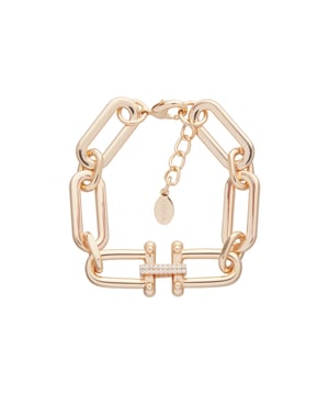18+4 cm langes, gelbvergoldetes Metallkettenarmband mit weißen Kristallen. Personalisiertes Logo-Etikett.