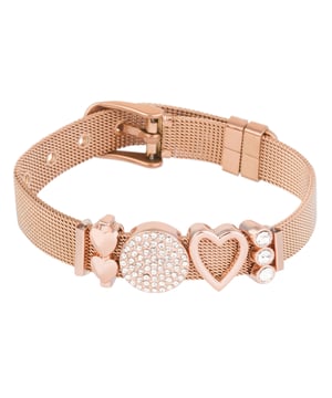 21,5 cm lange mesh-armband van roestvrij staal met roségouden metalen bedels en witte kristallen. Gesp gepersonaliseerd met logo.