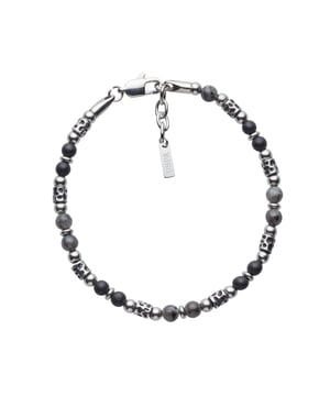 Armband van roestvrij staal van 20+4 cm met zwarte matte onyx- en spectroliet-natuursteenkralen en roestvrijstalen stoppers. Gepersonaliseerd logolabel.