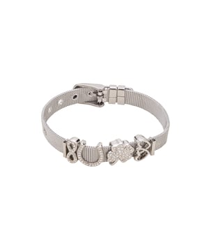21,5 cm lange roestvrijstalen mesh-band met metalen bedels met witte kristallen. Gesp gepersonaliseerd met logo.