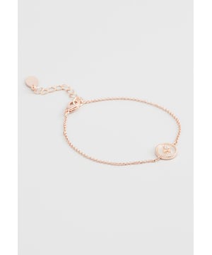 16+3 cm armband van roségoud verguld metaal met een centraal element van parelmoer en witte kristallen. Label gepersonaliseerd met logo.