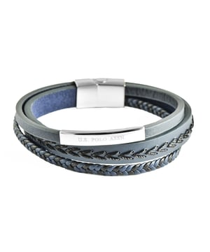 21,5 cm lange, meerlaagse armband van echt leer met donkerblauwe en zwarte draden en vlechten. Sluiting van roestvrij staal. Gesp gepersonaliseerd met logo.