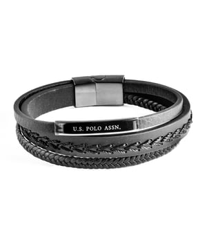 21,5 cm lange, meerlaagse armband van echt leer met zwarte draden en vlechten. Gepolijste roestvrijstalen sluiting. Gepersonaliseerd met logo.