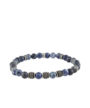 Elastische armband met sodalietstenen en roestvrijstalen kralen. Roestvrijstalen stopper, gepersonaliseerd met logo.