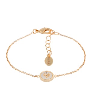 Armband van 16+3 cm van geelgoud verguld metaal met een centraal element van parelmoer en witte kristallen. Gepersonaliseerd label met logo.