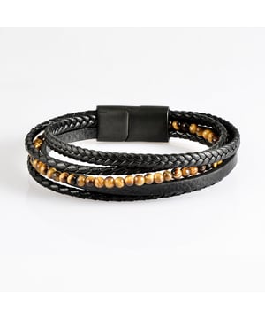 21,5 cm zwarte armband van echt leer met tijgeroogstenen en een zwart geplateerde roestvrijstalen gesp. Sluiting gepersonaliseerd met logo.