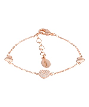 16 + 3 cm lange armband van roségoudkleurig metaal met hartvormige bedels met witte kristallen. Gepersonaliseerd logolabel.