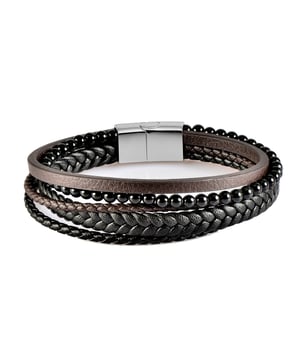 21,5 cm lange zwarte en donkerbruine armband van echt leer met glanzende onyxstenen en een roestvrijstalen sluiting. Gesp gepersonaliseerd met logo.