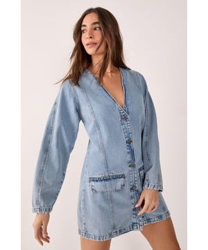 Denim Button Through Cocoon Sleeve Mini Dress