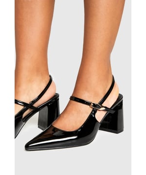 Striking Mary Jane-inspired design with adjustable ankle strap for a secure fit
        Glossy patent finish for a contemporary, eye-catching look
        Comfortable mid-height block heel measuring between 5-6.5cm
        Pointed toe silhouette creates an elegant, leg-lengthening effect
        Versatile slingback style with buckle fastening for easy wear
    
    These Mary Jane Detail Block Heeled Court Shoes blend vintage charm with modern sophistication. The distinctive pointed toe and slingback design offer a contemporary twist on a classic silhouette, whilst the sturdy block heel provides stability without sacrificing style. Perfect for transitioning from day to night, pair these versatile heels with cropped trousers and a fitted blazer for office-appropriate chic, or style with a midi skirt and statement top for evening drinks. The patent finish adds a touch of glamour to casual outfits-try with straight-leg jeans and an oversized shirt for an effortlessly cool weekend look. These court shoes strike the ideal balance between comfort and fashion, making them a wardrobe essential for the fashion-forward woman who values both style and practicality for various casual occasions.