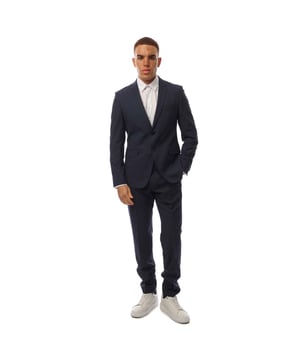 Mens Hugo Boss H-Reymond Suit in dark blue.- Notched lapels.- Front button fastening.- Buttoned cuffs.- Two side flap pockets.- Chest welt pocket.- Curved hem.- Zip and hook and loop closure.- Belt loops.- Two side inset pockets.- Two rear button-fastening jetted pockets.- Straight leg.- 42% Virgin Wool  33% Viscose  22% Polyester  3% Elastane.- Ref: 50535477404