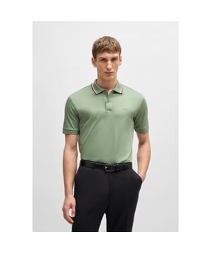 Mens BOSS Penrose 38 Striped-collar slim-fit polo shirt in cotton with logo in light - pastel green.A short-sleeved polo shirt cut to a slim fit by BOSS Menswear. Crafted in pure cotton with a luxuriously soft feel  this polo shirt is detailed with signature stripes at the collar and a BOSS logo at the left chest. A branded flag trims the side seam of this piece.- Slim fit- Standard length- Flat knit collar- 2 button placket- Short sleeves- 100% Cotton.  Machine washable- Ref: 50469360-330