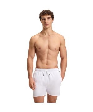 Mens BOSS Iconic Recycled-material swim shorts with logo and signature stripe in white.Distinctive swim shorts by BOSS. Crafted in soft fabric made from 100% recycled fibres  these fully lined swim shorts are detailed with a BOSS logo and signature-stripe trim. - Elasticated waistband with drawcord.- Side pockets.- Rear patch pocket.- Side stripes and classic BOSS branding.- Standard-fit.- Main material: 100% Elastomultiester.  Lining: 100% Polyester.  Machine washable.- Ref: 50491594-100