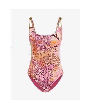 
De Guess Badpak in de kleur Coral Pink Aop heeft een gevoerde cup, goudkleurige ketting als bandjes, verstelbare bandjes en verstelbaar op de rug. Combineer met de bijpassende broek.