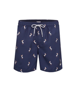 
Polyester zwemshort met Pelikaan print. De zwembroek heeft 2 zijzakken en 1 achterzak met klittenbandsluiting, mesh binnen broekje voor extra draagcomfort.