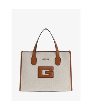 
De Guess Katine Tas in de kleur Natural Cognac heeft een buitenkant van gemengd katoen, sluiting met rits, licht-goudkleurige metalen onderdelen, logo met detail op de voorkant, binnen- en achterzak met rits, gepersonaliseerde voering met logo en logo met metalen detail op de voorkant.

Afmetingen 34x26x13 cm.
Twee hengsels, lengte ca. 35 cm.
Verstelbare en afneembare schouderband, lengte ca. 110/130 cm.