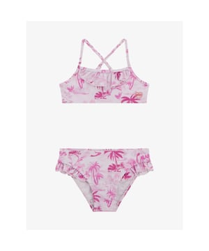 
De Guess Kids Bikini in de kleur Palm On Pink heeft gekruisde bandjes op de rug, een roezel aan de voorkant van de top en aan de zijkanten van het broekje. 