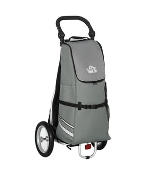 Boodschappentrolley winkelwagen welke ook aan de fiets kan worden gehangen. Als je de tas eraf haalt kun je hem ook als steekwagen gebruiken.Omschrijving:Twee in één: kan als fietsaanhanger of als boodschappentrolley gebruikt wordenDrie in één als je hem als steekwagen gebruikt!Duurzame bagagetas met grote ritsGrote luchtbanden voor soepele bewegingOpvouwbaar voor eenvoudige opslag en transportReflectoren voor extra zichtbaarheidLichtgewicht aluminium frameEenvoudig te monterenVerstelbare handgreepTechnische specificaties:Inhoud 55 LKleur: Grijs+ZilverVerstelbare handgreepReflectiestrepen voor veiligheid in het donkerMaterialen: Aluminium, 600D Oxford-stofTotale afmetingen: 53L x 43B x 110H cmAfmetingen van de bagagetas: 33L x 28/30B x 72H cmBodemoppervlak van de aanhanger: 40,5L x 26B cmWielmaat: Ø30 cm Max. belasting: 24 kg - Afmeting: - Kleur: Grijs - Materiaal: Aluminium