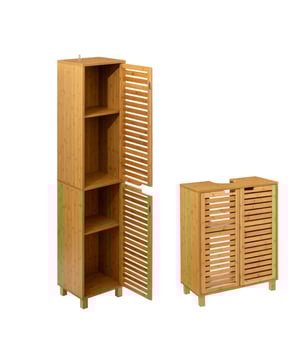 
Deze set bestaat uit een ruime wastafelonderkast en een badkamerkast uit de serie Sicela. Hoge badkamerkastDe Sicela hoge badkamerkast bestaat uit planken die worden afgesloten met twee deuren. Het feit dat de kast gesloten is, is een voordeel; u kunt veel details verbergen die nodig zijn in de badkamer, maar je niet direct in het zicht wilt hebben, of omdat alle losse items samen een rommelig geheel geven. Dat zie je nu niet direct. Deuren hebben geen uitstekende handgrepen, wat erg belangrijk is, vooral in kleine badkamers - uitstekende delen van meubels interesseren ons niet. De afmetingen van de plank zijn 22x32, en het geheel heeft een hoogte van 168 cm wat betekent dat deze niet veel ruimte in beslag neemt in de kamer, maar veel noodzakelijke dingen zoals handdoeken of toiletartikelen kan bevatten. OnderkastDeze ruime wastafel onderkast uit de serie Sicela, biedt extra opslagruimte voor uw handdoeken, douche en toilet artikelen, schoonmaakproducten en andere accessoires. Het kastje past onder elke wastafel en je hebt hiermee snel en eenvoudig extra opslag ruimte de badkamer. Hij bedekt de sifon en afvoer en daarmee een echte opruimer. In de bovenkant is een ruime standaard uitsparing voor de wastafel afvoer, maar indien gewenst kan deze natuurlijk aangepast worden met een decoupeerzaag. ruime standaard. Het kastje is gemaakt van gelamineerd Bamboe in combinatie met MDF. Deze wastafelkast is onderdeel van een complete badkamerserie met bamboe dessin meubels, serie Sicela.Kenmerken onderkast:Materiaal: Bamboe Afmetingen: 28x60x80 cmOnderhoudsvriendelijkUitsparing voor afvoerpijp van de wastafelVoorzien van 1 plank binneninKenmerken kolomkastMateriaal: Bamboe met MDF (sommige delen zijn gelamineerd met bamboe)Afmetingen:  28x33x168 cmOnderhoudsvriendelijkUitsparing in de deurtjesU ontvangt: wastafel onderkast en hoge kastBeide uit de serie Sicelamontagemateriaalmontage-instructies - Afmeting: - Kleur: Bruin - Materiaal: MDF