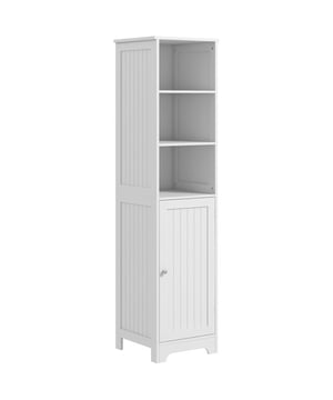 
Deze heerlijk praktische hoge kast wordt zeker een blikvanger in uw badkamer. De eenvoudige witte badkamerkast past zowel bij een traditionele als een moderne inrichting. Hij is gemaakt van hoogwaardig, gelakt spaanplaat, dat zich kenmerkt door bijzondere robuustheid en stabiliteit. Voor extra veiligheid kan hij met een kantelbeveiliging aan de muur worden bevestigd. Met een hoogte van 160 cm benut de kast de ruimte naar boven goed.Voordelen:Tijdloos en modern designHoogte benut ruimte optimaalGemaakt van gelakt spaanplaatMaximale belasting tot 20 kg Tijdloos, modern design van het toiletmeubel in klassiek wit: past perfect in elke ambiance Gemaakt van hoogwaardig gelakte spaanplaat: robuust en eenvoudig te reinigen Kast met deur en 2 compartimenten, 3 open planken Ideaal voor badkamer, woonkamer en hal Kleine ruimtebehoefte: De opbergkast benut de ruimte erboven Eenvoudige en snelle installatie  Materiaal: MDF/Spaanplaat Kleur: Wit Totale afmetingen: 38D x 40B x 160H cm Afmetingen per open plank: 36D x 34,5B x 25H cm Afmetingen per plank in de kast: 36D x 34,5B x 33,5/35H cm Maximaal draagvermogen: 20 kg - Afmeting: - Kleur: Wit - Materiaal: MDF