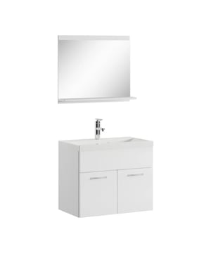 
Badkamermeubel set Montreal inclusief wastafel en spiegel. Deze set geeft iedere badkamer, groot of klein, extra bergruimte en een moderne en luxe uitstraling. Vanwege zijn strakke afwerking is het meubel gemakkelijk schoon te maken. De set is uitgevoerd in wit met hoogglans fronten en is gemakkelijk te monteren. De kast is gemaakt van spaanplaat en de wastafel van kunstmarmer.Afmetingen (b x d x h)Onderkast met wastafel: 60 x 35 x 51 cmSpiegel: 60 x 12 x 50 cmKenmerken- De wastafelkast is uitgevoerd met twee deuren- Het badkamermeubel is aan de muurzijde volledig open voor het aansluiten van de afvoer- De onderkant is volledig gesloten- Geen afvoerplug, sifon of kraan inbegrepen- Inclusief overloop set- Zonder soft close sluitingVerpakking en montageHet badkamermeubel Montreal 02 is verpakt in 1 doos. Bevestigingsmateriaal voor het ophangen Merk: Badplaats Kleur: Wit