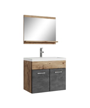 
Badkamermeubel set Montreal inclusief wastafel en spiegel. Deze set geeft iedere badkamer, groot of klein, extra bergruimte en een moderne en luxe uitstraling. Vanwege zijn strakke afwerking is het meubel gemakkelijk schoon te maken. De set is uitgevoerd in kastanje eiken met donker grijs en is gemakkelijk te monteren. De kast is gemaakt van spaanplaat en de wastafel van kunstmarmer.Afmetingen (b x d x h)Onderkast met wastafel: 60 x 35 x 51 cmSpiegel: 60 x 12 x 50 cmKenmerken- De wastafelkast is uitgevoerd met twee deuren- Het badkamermeubel is aan de muurzijde volledig open voor het aansluiten van de afvoer- De onderkant is volledig gesloten- Geen afvoerplug, sifon of kraan inbegrepen- Inclusief overloop set- Zonder soft close sluitingVerpakking en montageHet badkamermeubel Montreal 02 is verpakt in 1 doos. Bevestigingsmateriaal voor het ophangen van de verschillende delen is inbegrepen, evenals een handleiding. De wastafel wordt op de onderkast geplaatst en vervolgens afgekit. Merk: Badplaats Kleur: Grijs, Eiken