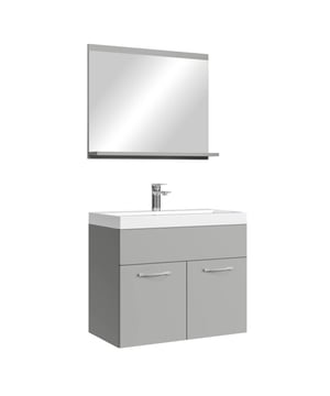 
Badkamermeubel set Montreal inclusief wastafel en spiegel. Deze set geeft iedere badkamer, groot of klein, extra bergruimte en een moderne en luxe uitstraling. Vanwege zijn strakke afwerking is het meubel gemakkelijk schoon te maken. De set is uitgevoerd in mat grijs en is gemakkelijk te monteren. De kast is gemaakt van spaanplaat en de wastafel van kunstmarmer.Afmetingen (b x d x h)Onderkast met wastafel: 60 x 35 x 51 cmSpiegel: 60 x 12 x 50 cmKenmerken- De wastafelkast is uitgevoerd met twee deuren- Het badkamermeubel is aan de muurzijde volledig open voor het aansluiten van de afvoer- De onderkant is volledig gesloten- Geen afvoerplug, sifon of kraan inbegrepen- Inclusief overloop set- Zonder soft close sluitingVerpakking en montageHet badkamermeubel Montreal 02 is verpakt in 1 doos. Bevestigingsmateriaal voor het ophangen van de Merk: Badplaats Kleur: Grijs