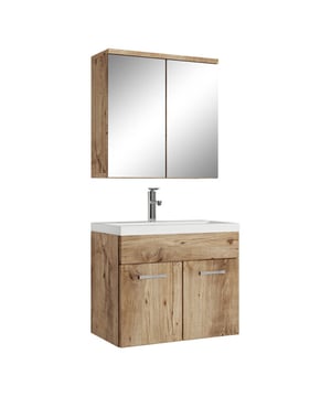 
Badkamermeubel set Montreal inclusief onderkast, wastafel en spiegelkast.Deze set is bedoeld om iedere badkamer, groot of klein, van extra bergruimte te voorzien en een moderne en luxe uitstraling te geven. Vanwege zijn strakke afwerking is het meubel gemakkelijk schoon te maken. De set is uitgevoerd in kastanje eiken en is gemakkelijk te monteren.Kenmerken- Wastafelkast gemaakt van spaanplaat- Wastafel gemaakt van kunstmarmer- De wastafelkast is uitgevoerd met twee deuren- Het badkamermeubel is aan de muurzijde volledig open voor het aansluiten van de afvoer- De onderkant is volledig gesloten- Wordt als bouwpakket geleverd- Montagematerialen inbegrepen- Geen afvoerplug, sifon of kraan inbegrepen- Inclusief overloop set- Gemaakt van spaanplaat met fineerlaag- Zonder soft-close sluitingAfmetingen (b x d x h)Onderkast met wastafel: 60 x 35 x 51 Merk: Badplaats Kleur: Eiken