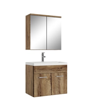 
Badkamermeubel set Montreal inclusief onderkast, wastafel en spiegelkast.Deze set is bedoeld om iedere badkamer, groot of klein, van extra bergruimte te voorzien en een moderne en luxe uitstraling te geven. Vanwege zijn strakke afwerking is het meubel gemakkelijk schoon te maken. De set is uitgevoerd in bruin eiken en is gemakkelijk te monteren.Kenmerken- Wastafelkast gemaakt van spaanplaat- Wastafel gemaakt van kunstmarmer- De wastafelkast is uitgevoerd met twee deuren- Het badkamermeubel is aan de muurzijde volledig open voor het aansluiten van de afvoer- De onderkant is volledig gesloten- Wordt als bouwpakket geleverd- Montagematerialen inbegrepen- Geen afvoerplug, sifon of kraan inbegrepen- Inclusief overloop set- Gemaakt van spaanplaat met fineerlaag- Zonder soft-close sluitingAfmetingen (b x d x h)Onderkast met wastafel: 60 x 35 x 51 Merk: Badplaats Kleur: Bruin eiken
