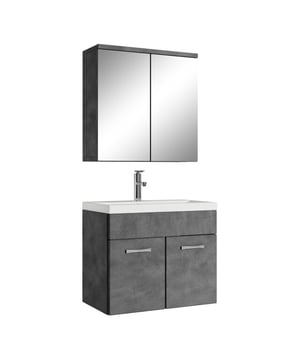 
Badkamermeubel set Montreal inclusief onderkast, wastafel en spiegelkast.Deze set is bedoeld om iedere badkamer, groot of klein, van extra bergruimte te voorzien en een moderne en luxe uitstraling te geven. Vanwege zijn strakke afwerking is het meubel gemakkelijk schoon te maken. De set is uitgevoerd in donker grijs en is gemakkelijk te monteren.Kenmerken- Wastafelkast gemaakt van spaanplaat- Wastafel gemaakt van kunstmarmer- De wastafelkast is uitgevoerd met twee deuren- Het badkamermeubel is aan de muurzijde volledig open voor het aansluiten van de afvoer- De onderkant is volledig gesloten- Wordt als bouwpakket geleverd- Montagematerialen inbegrepen- Geen afvoerplug, sifon of kraan inbegrepen- Inclusief overloop set- Gemaakt van spaanplaat met fineerlaag- Zonder soft-close sluitingAfmetingen (b x d x h)Onderkast met wastafel: 60 x 35 x 51 Merk: Badplaats Kleur: Grijs