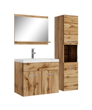 
Badkamermeubel set Montreal inclusief wastafel en spiegel en kolomkast. Deze set geeft iedere badkamer, groot of klein, extra bergruimte en een moderne en luxe uitstraling. De deuren van de kolomkast kunnen tijdens montage linksdraaiend of rechtsdraaiend geplaatst worden. Vanwege zijn strakke afwerking is het meubel gemakkelijk schoon te maken. De set is uitgevoerd in eiken en is gemakkelijk te monteren. De kast is gemaakt van spaanplaat en de wastafel van kunstmarmer.Afmetingen (b x d x h)Onderkast met wastafel: 60 x 35 x 51 cmSpiegel: 60 x 12 x 50 cmBadkamerkast: 30 x 30 x 131 cmKenmerken- De wastafelkast en kolomkast uitgevoerd met twee deuren- Het badkamermeubel is aan de muurzijde volledig open voor het aansluiten van de afvoer- De onderkant is volledig gesloten- Geen afvoerplug, sifon of kraan inbegrepen- Inclusief overloop set- Zonder soft close sluiting Merk: Badplaats Kleur: Eiken