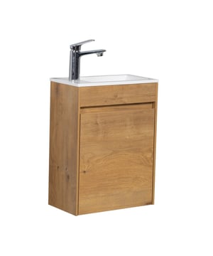 
Toiletmeubel Sinta inclusief onderkast en witte wastafel.Dit fonteinmeubel is zeer geschikt voor zowel kleine als grotere toiletruimtes en is bedoeld om extra ruimte te creëren.De wastafelkast is gemonteerd en heeft een naar rechts draaiende deur. Deze draairichting kan niet worden aangepast. De wastafel kan wel in de gewenste richting geplaatst worden. Een afvoer kan enkel via de muurzijde van de wastafelkast worden gemonteerd omdat de onderkant vast de wastafelkast dicht is. Toiletmeubel Sinta is met soft-close sluiting afgesteld en wordt geleverd inclusief bevestigingsmateriaal, maar zonder kraan, afvoerplug of sifon.Kenmerken- Compleet toiletmeubel met wastafelkast met witte wastafel.- Veel bergruimte in de wastafelkast- De wastafel wordt geleverd met overloop- Gemonteerd in de verpakking- Inclusief montagemateriaal- Gemaakt van hoogwaardige kwaliteit MDF met fineerlaag- Afgesteld met soft-close sluitingVerpakkingsinhoud- Wastafelkast - Wastafel- Bevestigingsmateriaal- HandleidingAfmetingen en aanvullende informatie- Onderkast met wastafel: 40 x 22 x 54cmWastafelkast Sinta- Gemaakt van MDF, afgewerkt met fineerlaag- Uitgevoerd met één draaideur- Geïntegreerd handvat- Gesloten onderkant- Open achterzijdeWastafel Sinta- Gemaakt van kunstmarmer- Voorgeboord afvoergat en kraangat Dit toiletmeubel wordt geleverd in één doos en zit volledig gemonteerd verpakt. Merk: Badplaats Kleur: Eiken