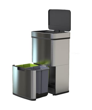 
4cookz® RVS Smart Waste is een afvalscheidingsprullenbak met sensor met in het totaal 72 liter inhoud, verdeeld over 4 vakken. De RVS buitenkant is voorzien van anti vingerafdruk coating. Ben je op zoek naar een mooie en doordachte afvalemmer voor een betaalbare prijs? Dan zit je goed met deze afvalemmer van 4cookz®. Deze stalen afvalemmer met sensor waardoor hij open en dicht gaat zonder dat je hem hoeft aan te raken. Hij is voorzien van een speciale coating waar je geen vingers er op ziet. Een prachtige aanvulling in je keuken, maar ook praktisch!Afval scheiden is goed voor het milieu: papier, glas, plastic, groente, we houden het tegenwoordig allemaal gescheiden.. Het scheiden van afval kan echter leiden dat overal in huis stapeltjes, zakjes of dozen met verschillende soorten afval bijgehouden wordt. Komt dit je bekend voor? Dan is dit dé afvalemmer voor jou! De Smart Waste afvalemmer van 4cookz® is de ultieme oplossing. De binnen bakken zijn eenvoudig uit te nemen en kunnen zo ook goed schoongemaakt worden.Kenmerken 4cookz® Smart Waste RVS Afvalscheidingsprullenbak met sensor:Afmetingen: 31x42x82,5 cmTotaal capaciteit: 72 literUitneembaar inzetbakje met deksel voor groente afvalAutomatische opening en sluiten door sensorSoft close dekselKleur: zilverGewicht netto 8,8 kgWerkt op 6 AA batterijen (niet meegeleverd)Let op: sensor prullenbakken werken niet met oplaadbare batterijen. Die hebben nl een lagere spanning.Bovenste compartiment is geschikt voor zakken d.m.v ophanging in een ringoptioneel te bestellen toebehoren: Bijpassende vuilniszakken:  8720572201293   4cookz® set 70st vuilniszakken prullenbakken 72L combi (niet meegeleverd)IndelingDe bovenste klep is te openen zonder hem aan te raken. Door de sensor kun je hem openen als je handen vol zijn, dus dat is ideaal. Hij opent als je binnen 20cm van de bovenkant deksel ben en hij sluit 5 seconde nadat er geen beweging meer is. Maar je kunt natuurlijk ook op een knopje drukken om hem open en dicht te doen.Je vindt in dit bovenste compartiment een ruimte van 47 liter, waar je de vuilniszak in een ring in hangt en een klein inzet afvalbakje van 4 liter. Deze kun je eenvoudig uit de emmer nemen om ergens los te gebruiken en in de prullenbak te deponeren. Het is juist ook een handige om tijdens het koken te gebruiken als compostbakje. Je kunt het kleine afvalbakje natuurlijk ook opbergen in de onderste afvallade.Onder in de afvalemmer vind je een tweede afval ruimte, deze is verwerkt in een handige lade welke wielen heeft om makkelijk open te gaan en heeft een inhoud van 25 liter. Deze ruimte is voorzien van 2 uitneembare emmers om bijvoorbeeld papier, plastic of compost te scheiden. Ook kan je deze ruimte benutten om bijvoorbeeld uw afvalzakken in te bewaren samen of schoonmaakmiddelen. Zo maak je van de afvalemmer een handige opberger. De afvalemmer is voorzien van een greep, zodat u deze eenvoudig kunt verplaatsen.OnderhoudDe containers zijn makkelijk uit te nemen en te legen. De afvalemmers van hebben een anti-vinger afdruk coating waardoor je niet snel vette vingers ziet. De afvalbak is makkelijk te reinigen met warm water en schoonmaakmiddel.PraktischIn deze prullenbak zitten maar liefst 4 vakken. Ideaak dus om te gebruiken voor afval scheiden. Gebruik bijvoorbeeld het grote vak voor plastic, 1 vak voor oud papier en het grote vak voor restafval. Uiteraard kan je ook een vak gebruiken voor glas. In het grote vak boven, leveren we een 4 Liter afvalbakje voor groenafval mee . Deze heeft een hengsel om eenvoudig uit te nemen en te legen in je groenbak. Uiteraard kun je deze ook los op het aanrecht laten staan. Recyclen wordt eenvoudig met deze recycle afvalbak.6 rubberen voetjes beschermen de vloer - Kindvriendelijk ontwerp door afgeronde randen - Afsluitbaar afvalscheidingssysteem om nare geurtjes in uw pand te voorkomen.4cookz® - plezier aan koken4cookz® staat voor alles voor de kok: Of het nou gaat om kook accessoires, BBQ toebehoren of een prullenbak, plezier aan koken krijg je met goede spullen. Als je gewoon functioneel moet koken voor het gezin, houdt van uitgebreid koken als hobbykok of als je professioneel als kok bezig bent, 4cookz® heeft een breed scala aan mooie kook tools. 4cookz® is onderdeel van 4Goodz, een Nederlandse importeur van diverse productgroepen waaronder kook spullen. Het staat voor kwaliteit, trends en innoverende producten en technieken en constante vernieuwing. - Afmeting: - Kleur: Zilverkleurig - Materiaal: RVS