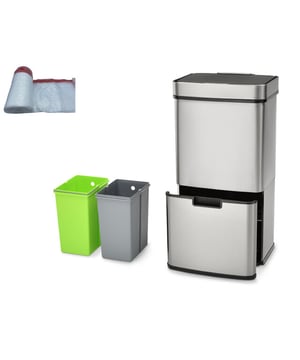 
4cookz® RVS Smart Waste is een afvalscheidingsprullenbak met sensor met in het totaal 72 liter inhoud, verdeeld over 4 vakken. De RVS buitenkant is voorzien van anti vingerafdruk coating. Dit betreft een set met 70 sterke transparante vuilniszakken twv 39.95. (  8720572201293 4cookz® set 70st vuilniszakken prullenbakken 72L combi )Ben je op zoek naar een mooie en doordachte afvalemmer voor een betaalbare prijs? Dan zit je goed met deze afvalemmer van 4cookz®. Deze stalen afvalemmer met sensor waardoor hij open en dicht gaat zonder dat je hem hoeft aan te raken. Hij is voorzien van een speciale coating waar je geen vingers er op ziet. Een prachtige aanvulling in je keuken, maar ook praktisch!Afval scheiden is goed voor het milieu: papier, glas, plastic, groente, we houden het tegenwoordig allemaal gescheiden.. Het scheiden van afval kan echter leiden dat overal in huis stapeltjes, zakjes of dozen met verschillende soorten afval bijgehouden wordt. Komt dit je bekend voor? Dan is dit dé afvalemmer voor jou! De Smart Waste afvalemmer van 4cookz® is de ultieme oplossing. De binnen bakken zijn eenvoudig uit te nemen en kunnen zo ook goed schoongemaakt worden.Kenmerken 4cookz® Smart Waste RVS Afvalscheidingsprullenbak met sensor:Afmetingen: 31x42x82,5 cmTotaal capaciteit: 72 literUitneembaar inzetbakje met deksel voor groente afvalAutomatische opening en sluiten door sensorSoft close dekselKleur: zilverGewicht netto 8,8 kgWerkt op 6 AA batterijen (niet meegeleverd)Let op: sensor prullenbakken werken niet met oplaadbare batterijen. Die hebben nl een lagere spanning.Bovenste compartiment is geschikt voor zakken d.m.v ophanging in een ringoptioneel later na te bestellen toebehoren: Bijpassende vuilniszakken:  8720572201293 4cookz® set 70st vuilniszakken prullenbakken 72L combi _ IndelingDe bovenste klep is te openen zonder hem aan te raken. Door de sensor kun je hem openen als je handen vol zijn, dus dat is ideaal. Hij opent als je binnen 20cm van de bovenkant deksel ben en hij sluit 5 seconde nadat er geen beweging meer is. Maar je kunt natuurlijk ook op een knopje drukken om hem open en dicht te doen.Je vindt in dit bovenste compartiment een ruimte van 47 liter, waar je de vuilniszak in een ring in hangt en een klein inzet afvalbakje van 4 liter. Deze kun je eenvoudig uit de emmer nemen om ergens los te gebruiken en in de prullenbak te deponeren. Het is juist ook een handige om tijdens het koken te gebruiken als compostbakje. Je kunt het kleine afvalbakje natuurlijk ook opbergen in de onderste afvallade.Onder in de afvalemmer vind je een tweede afval ruimte, deze is verwerkt in een handige lade welke wielen heeft om makkelijk open te gaan en heeft een inhoud van 25 liter. Deze ruimte is voorzien van 2 uitneembare emmers om bijvoorbeeld papier, plastic of compost te scheiden. Ook kan je deze ruimte benutten om bijvoorbeeld uw afvalzakken in te bewaren samen of schoonmaakmiddelen. Zo maak je van de afvalemmer een handige opberger. De afvalemmer is voorzien van een greep, zodat u deze eenvoudig kunt verplaatsen.OnderhoudDe containers zijn makkelijk uit te nemen en te legen. De afvalemmers van hebben een anti-vinger afdruk coating waardoor je niet snel vette vingers ziet. De afvalbak is makkelijk te reinigen met warm water en schoonmaakmiddel.PraktischIn deze prullenbak zitten maar liefst 4 vakken. Ideaak dus om te gebruiken voor afval scheiden. Gebruik bijvoorbeeld het grote vak voor plastic, 1 vak voor oud papier en het grote vak voor restafval. Uiteraard kan je ook een vak gebruiken voor glas. In het grote vak boven, leveren we een 4 Liter afvalbakje voor groenafval mee . Deze heeft een hengsel om eenvoudig uit te nemen en te legen in je groenbak. Uiteraard kun je deze ook los op het aanrecht laten staan. Recyclen wordt eenvoudig met deze recycle afvalbak.4cookz® - plezier aan koken4cookz® staat voor alles voor de kok: Of het nou gaat om kook accessoires, BBQ toebehoren of een prullenbak, plezier aan koken krijg je met goede spullen. Als je gewoon functioneel moet koken voor het gezin, houdt van uitgebreid koken als hobbykok of als je professioneel als kok bezig bent, 4cookz® heeft een breed scala aan mooie kook tools. 4cookz® is onderdeel van 4Goodz, een Nederlandse importeur van diverse productgroepen waaronder kook spullen. Het staat voor kwaliteit, trends en innoverende producten en technieken en constante vernieuwing. - Afmeting: - Kleur: Zilverkleurig - Materiaal: RVS
