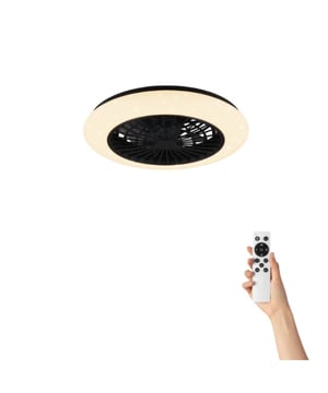 
Jasmine Plafondventilator met Verlichting - Ø50cm - 3 Snelheden - Afstandsbediening - Zwart Upgrade uw leefruimte met de Jasmine plafondventilator: een perfecte mix van stijl en functionaliteit. Met een indrukwekkende diameter van Ø50cm biedt deze ventilator een krachtige luchtstroom om uw kamer comfortabel koel te houden, ongeacht de weersomstandigheden.  Belangrijkste Kenmerken: Krachtige Luchtstroom: De Jasmine plafondventilator levert een krachtige luchtstroom om uw kamer effectief te koelen. Met 3 snelheden om uit te kiezen, kunt u de luchtstroom aanpassen aan uw specifieke behoeften en voorkeuren. Handige Afstandsbediening: Dankzij de afstandsbediening kunt u de ventilator eenvoudig bedienen zonder op te staan, waardoor u altijd de perfecte instellingen kunt vinden. Geniet van het gemak van draadloze controle over de ventilatorfuncties. Stijlvol Design: Het zwarte ontwerp van de Jasmine plafondventilator voegt een vleugje elegantie toe aan uw kamer en past bij verschillende decoratiestijlen. Ingebouwde Verlichting: De ingebouwde verlichting maakt de ventilator nog functioneler en veelzijdiger. Pas de helderheid van uw kamer naar wens aan en geniet van een perfect verlichte ruimte.  Technische Specificaties: Aantal snelheidsniveaus: 3 Montagetype: Plafondmontage Geïntegreerde dimmer: Ja IP-classificatie: IP20 Lichtkleur: Traploos instelbaar Nachtlamp: Ja Niet geschikt voor externe dimmer: Ja Bediening: Afstandsbediening Apart schakelbaar: Ja Sterrendffect: Ja Timer: Ja  Productafmetingen: Hoogte: 16 cm Diameter: 50 cm Gewicht: 2,3 kg De Jasmine plafondventilator is niet alleen een verkoelende oplossing, maar ook een stijlvolle en praktische toevoeging aan uw interieur. Haal hem vandaag nog in huis en geniet van de perfecte mix van comfort en stijl. Voeding: Netstroom Aantal standen: 3 Bediening: Afstandsbediening Merk: Cool Breeze Materiaal: Kunststof Kleur: Zwart Afmetingen: Ø50cm EAN: 8721155000074
