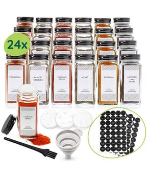 
Staat jouw kruidenlade vol met verschillende potjes? Ben je (te) lang aan het zoeken naar dat ene kruid? Breng meer overzicht in de keuken met deze handige kruidenpotjes set. Alles om jouw kruiden netjes te labelen, op te bergen en nog fijner te koken! Voordelen: Altijd een feestje als je gaat koken Super overzichtelijk – snel kruiden vinden Voordeliger dan steeds supermarktpotjes kopen Makkelijk potjes labelen, vullen en opbergen Stevige glazen potjes met Aluminium dekselDoor de transparante, glazen potjes zie je precies hoeveel kruiden je nog hebt. Met het vierkante ontwerp glijden ze niet zomaar uit je hand! Handige labels voor kruidenMet maar liefst 120 labels zitten de meest gebruikte kruiden erbij. Kies uit de ronde labels voor bovenop de deksel of de rechthoekige voor op het kruidenpotje. Zit jouw favoriete kruid of rub er niet bij? Dan schrijf je ‘m eenvoudig op een leeg label. Strooiers voor alle kruiden en specerijenGrove specerijen, fijne kruiden? De set is geschikt voor alle kruiden. Je ontvangt strooideksels met een grof en een fijn formaat. Een snufje kaneel strooi je zo in de verse appeltaart! Inhoud pakket• 24x Glazen potjes met zwarte deksel• 48x Strooiers (grof en fijn)• 240x kruidenlabels (120 rond, 120 rechthoekig)• Schoonmaakborstel• Siliconen trechter Opvouwbare trechterMakkelijk je kruiden in een potje krijgen, maar geen ruimte voor een grote trechter? De trechter is opvouwbaar, waardoor je 'm na gebruik weer makkelijk opbergt. Specificaties kruidenpotjes:• Materiaal potjes: Glas en Aluminium;• Materiaal accessoires: Kunststof en Siliconen• Inhoud: 120 ml (ongeveer gelijk aan een supermarkt potje van 40 – 50 gram);• Vaatwasserbestendig: Nee, zodra je de stickers plakt, kunnen de potjes niet meer in de vaatwasser. Ook de deksels mogen niet in de vaatwasser. • Verpakking: stevig verpakt met foam aan bovenzijde en onderzijde• Afmetingen (inclusief deksel): 11 x 4.5 cm Bestel de kruidenpotjes set en geniet binnenkort van een heerlijk overzichtelijke keuken!Materiaal: GlasKleur: ZwartAfmetingen: Hoogte: 11CM x breedte: 4.5CM x Lengte: 4.5CM