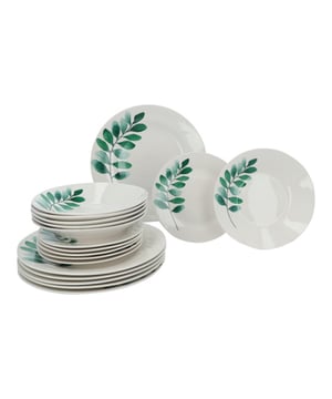 
6 persoons wit porseleinen servies met bladeren dessin. Door het dessin is het servies tijdloos maar wel wat anders dan een standaard wit servies. De set bestaat uit 6 diepe borden, 6 grote borden en 6 ontbijtbordjes. Het servies is vaatwasser en magnetron geschikt.De voordelen:Gemaakt van porselein: elk stuk is met uiterste zorg vervaardigd. Het edele wit van het porselein werd onderbroken door een patroon met bladeren.Speels planten dessin: Het bord is net leuker dan standaard wit door het dessin van bladeren op de borden.Glazuur: Een extra laag emaille maakt de palm set duurzaam en krasbestendig.Onderhoudsvriendelijk: vaatwasmachinebestendig. De vaat is hygiënisch. Ze zijn bedoeld voor contact met voedsel.De set is ook het perfecte cadeau-idee.Kenmerken:Materiaal: porseleingeschikt voor magnetron en vaatwasser6 platte borden6 soepborden6 dessertbordenGewicht: 8.7 kgGewicht van het product : 720 g - 315 g - 339 gKleur: wit met groen bladeren dessinBordafmetingen: dinerbord: D. 27x1.8 cm diep bord: D. 21 x 2.5 cm klein bord: D. 19x0.8  cm - Afmeting: - Kleur: Groen - Materiaal: Porselein
