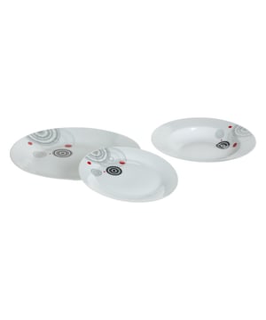 
Ontdek de moderne uitstraling van de 18-delige Porseleinen Serviesset Cirkels, geschikt voor zes personen. Deze set combineert een strak wit design met een opvallend zwart en rood cirkelmotief, waardoor elke maaltijd een stijlvolle uitstraling krijgt.Inhoud van de set:6 dinerborden (Ø 27 cm)6 ontbijtborden (Ø 19 cm)6 diepe borden (Ø 20,4 cm)Belangrijkste kenmerken:Materiaal: Hoogwaardig porseleinKleur: Wit met zwart en rood cirkelpatroonGeschikt voor: Magnetron en vaatwasserHet leuke cirkelmotief geeft deze serviesset een eigentijdse uitstraling, ideaal voor zowel dagelijks gebruik als speciale gelegenheden. De borden zijn vaatwasser- en magnetronbestendig, wat bijdraagt aan het gebruiksgemak en de duurzaamheid van de set.Kies voor de Porseleinen Serviesset Cirkels en voeg een vleugje moderne flair toe aan uw eettafel. - Afmeting: - Kleur: Zwart - Materiaal: Porselein