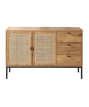 
Productkenmerken: Buffet met 2 deuren van natuurlijk rotan. 3 lades met houtdecorfronten uitgerust met kogelgeleiders. Onderstel en handgrepen van zwart metaal. 1 in hoogte verstelbare plank achter de 2 deuren. Houtdecor in eikenlook.  Productafmetingen: Lengte 120 cm x Breedte 40 cm x Hoogte 80 cm - Nettogewicht: 33,5 kg. Pakketafmetingen: Pakket nr.1: Breedte 126,5 cm x Hoogte 12,3 cm x Diepte 46 cm. Pakket nr.2: Breedte 63 cm x Hoogte 14 cm x Diepte 44,6 cm. Totaal bruto gewicht: 35,5 kg.  Merk: CaliCosy Kleur: Wooden Effect